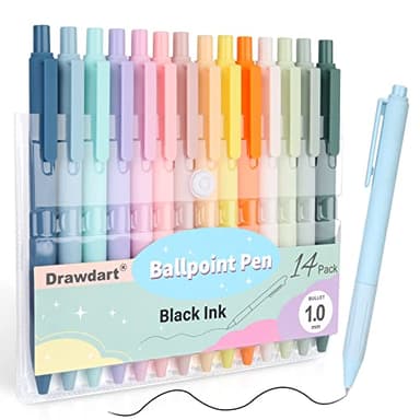 Drawdart 14-Pack Pastel Ballpoint Pens, Medium 1.0mm Black Ink, Retractable - For Smooth Writing and Journaling - Image 1