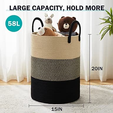 YOUDENOVA Woven Rope Laundry Hamper Basket, 58L Tall Laundry Basket for Blanket Organizer- Clothes Hamper for Bedroom Storage, Baby Kids Nursery Hamper-Large-Black & Brown - Image 2
