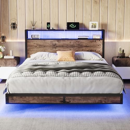 Susalt Queen Size Bed Frame with Storage Headboard, Sturdy Metal Platform Bed Frame with LED Lights and Charging Station, Easy Assembly, No Box Spring Needed, Noise Free, Rustic Brown - Image 1