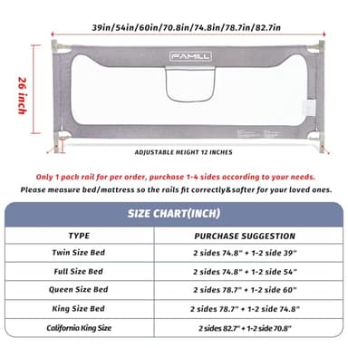 FAMILL Bed Rail for Toddlers with U-Shaped Base, Toddler Bed Rails Baby Guard for King/Twin/Full Size, Grey, 1 Piece, 74.8" - Image 3