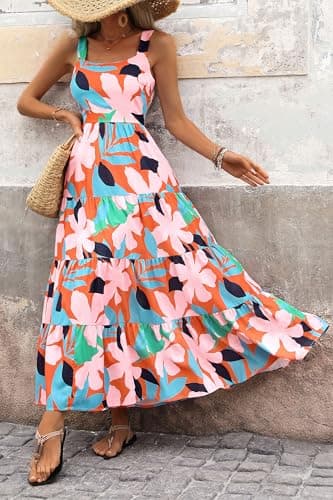 PRETTYGARDEN Women's Summer Floral Maxi Dress Sleeveless Smocked Ruffle Long Flowy Beach Vacation Boho Sundresses (Floral Orange Pink,Large) - Image 4