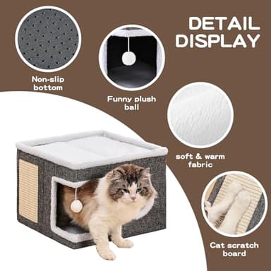 Crispedia Cat Beds for Indoor Cats, Large Cat Cave with Fluffy Ball and Scratch Pad, Foldable Cat Scratch House with Hideaway Condo for Kitten,16x16x13inch,Grey - Image 7