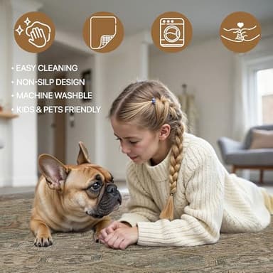 Bavni Washable Rug 9x12 Area Rug for Living Room Bedroom Dining, Washable Vintage Print Carpet, Ultra-Thin Chenille Low Pile Lightweight Rug with Non Slip Backing, Warm Taupe - Image 5