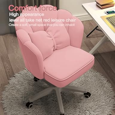XUEGW Petal Desk Chair with Bow Cushion Velvet Vanity Chair with Wheels, Upholstered Home Office Chair for Girls Women, Mid-Back Swivel Computer Task Chairs for Living Room Bedroom - Image 5