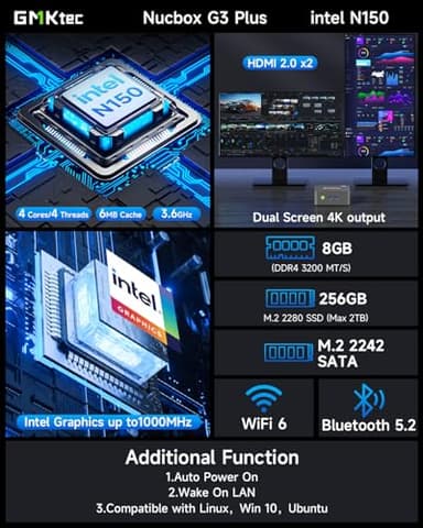 GMKtec G3 Plus Mini PC, Intel Twin Lake N150(Upgraded N100) 8GB RAM 256GB M.2 2280 SSD, Mini Desktop Computer Dual HDMI/WiFi6/BT5.2 - Image 2