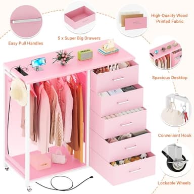 Cyclysio Dresser with Hanging Rack, 5 Fabric Drawers Dresser with Clothes Rack, Wooden Top Storage Chest of Drawers with Charging Station & LED Lights, Lockable Wheels, Closet - Image 6