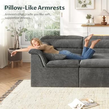 SUNG7 112" Modular Cloud Sectional Couch with Ottoman, Modern Upholstered Compressed Sofa with Deep Seat, Comfy L-Shape Corduroy Couches for Living Room, No Assembly Required, Dark Gray - Image 4