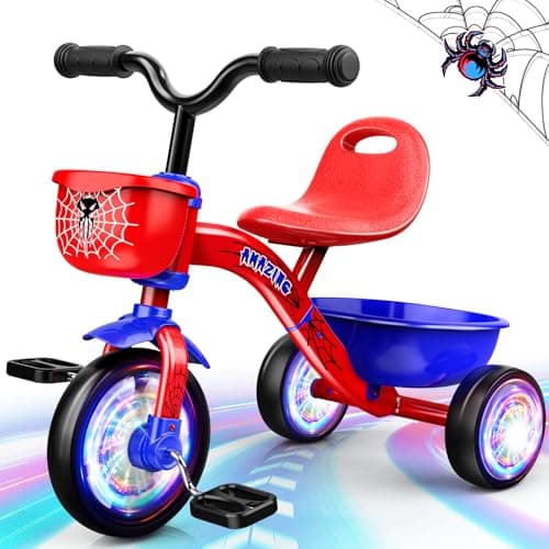 Tricycle for Toddlers 1-3 3-5 Year Olds, Spider Toddler Bike Baby Balance Bike with Colorful Lighting Wheels & Large Basket, Birthday Gift and Toy for 1 2 3 4 5 Year Olds Boys and Girls - Image 1