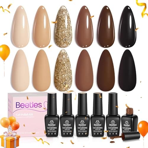 Beetles Fall Brown Gel Polish - 6 Colors Nude Brown Neutral Beige Khaki Glitter Gold Gel Nail Polish Set Roasted Chestnuts Collection Uv Gel Nail Art Manicure - Image 1