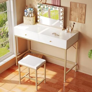 SUPERJARE 35.4" White and Gold Desk with 2 Drawers, Modern Makeup Vanity with Padded Stool, Small Computer Desk Home Office Desk for Writing Study Bedroom - Image 2