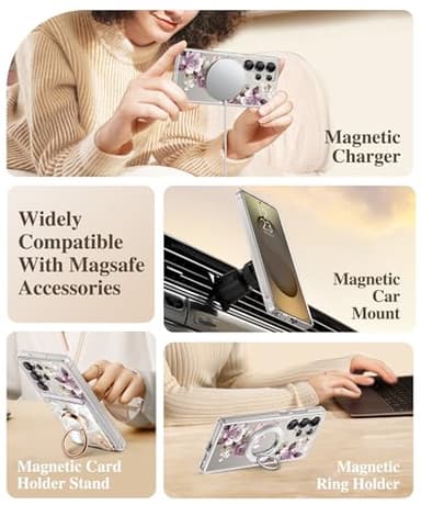 GVIEWIN for Samsung Galaxy S25 Ultra Case, [Compatible with Magsafe][Screen & Camera Lens Protector] Floral Clear Slim Shockproof Protective Women Phone Cover for S25 Ultra 2025 6.9", Cherry Blossoms - Image 4