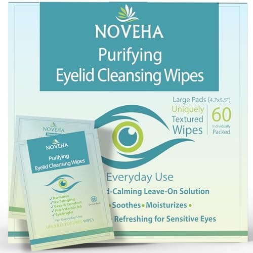 NOVEHA Eyelid & Lash Wipes | For Itchy, Dry Eyes, Styes & Blepharitis | lid and lash Cleansing Wipes, Hypoallergenic & Soothing For Sensitive Eyes, Pack of 60 - Image 1