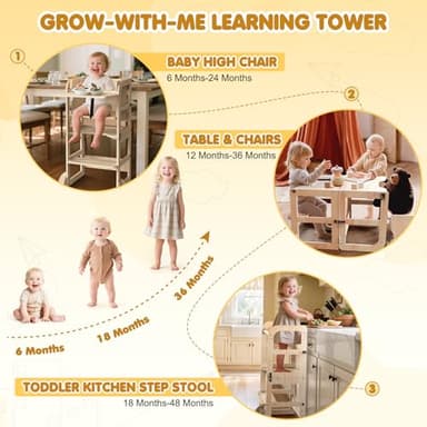 Woodure 6 in-1 Toddler Kitchen Step Stool with Wooden Stool, Foldable Learning Standing Tower with Blackboard & Feeding Tray, Wooden Kitchen Stool Helper for Kids, 1-3 Year Old Boy Girl Gifts - Image 4