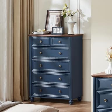 RWYHG Farmhouse 6 Drawer Dresser, 15.75" D x 31.5" W x 43.5" H Chest of Drawers for Bedroom, Blue Tall Dresser with 4 Solid Wood Feet, Wood Storage Dressers Organizer for Living Room Hallway Closet - Image 3