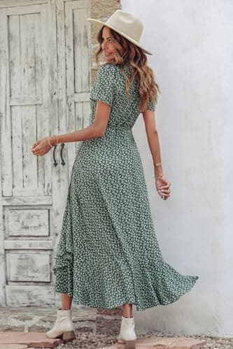 PRETTYGARDEN Women's Summer Wrap Maxi Dress Casual Boho Floral V Neck Short Sleeve Ruffle Hem Split Beach Long Dresses (Dark Green Floral,X-Large) - Image 2