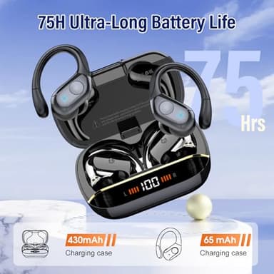 Qecnato Wireless Earbuds Bluetooth 5.4 Headphones 75H Stereo Deep Bass Sports Over Ear Buds with Earhooks, LED Display Bluetooth Earbuds with 4 ENC Mic, IP7 Waterproof Earphone for Running, Black - Image 4