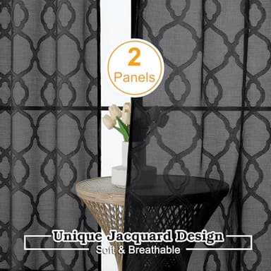 OWENIE Sheer Black Curtains 45 Inch Length 2 Panels, Geometric Jacquard Clip Textured Short Sheer Curtains for Small Window, Modern Elegant Bathroom Curtains Panels/Drapes Semi Sheer, Each 42x45 inch - Image 2