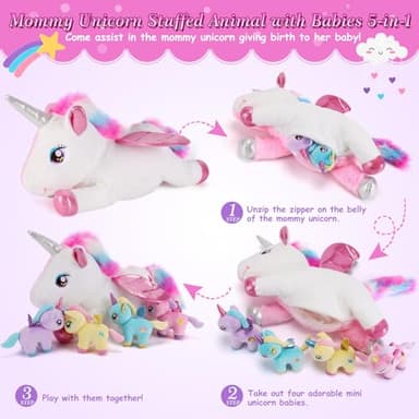 gnomantic 5 Pieces Unicorn Stuffed Animals - 1 Mommy Stuffed Unicorn with 4 Babies - Unicorns Gifts for Girls Ages 3 4 5 6 7 8, Unicorns Plush Toys for Christmas, Valentine's, Birthday Gifts (Pink) - Image 2