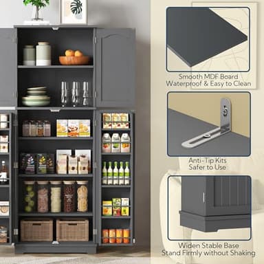 Yusong 64'' Kitchen Storage Cabinet, Tall Kitchen Pantry Storage Cabinet with Doors and Shelves, Food Pantry Cabinet Free Standing Pantry for Kitchen Dining Living Room, Grey - Image 6