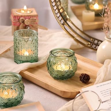 DARJEN 12Pcs Green Votive Candle Holders with 12Pcs Tea Lights Candles- Round Glass Candle Holders Bulk for Table Centerpiece, Tea Lights Candle Holders for Wedding Home Party & Gift - Image 5