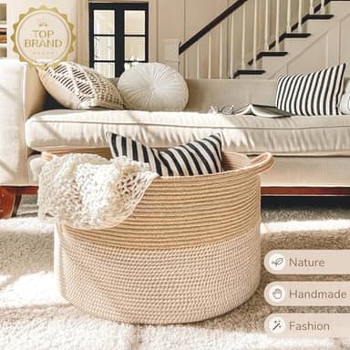 INDRESSME Extra Large Woven Baskets for Storage, 21.7'' x 13.8'' Wicker Basket with Handle for Blankets, Big Laundry Baskets for Clothes, Pillows, Towel, Shoe Basket for Entryway, 90L White Jute - Image 2