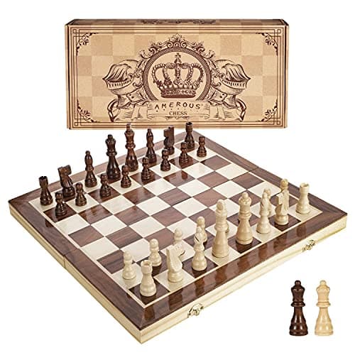 AMEROUS 15 Inches Magnetic Wooden Chess Set - 2 Extra Queens - Folding Board - Pieces Storage Slots, Handmade Portable Travel Chess Game - Beginner Chess Set for Kids, 6 up Age - Image 1
