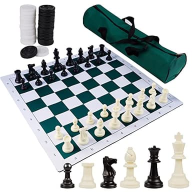 Juegoal 20" Portable Chess & Checkers Set, 2 in 1 Travel Board Games for Kids and Adults, Folding Roll up Chess Game Sets, Extra 26 Checker Pieces, Tournament Thick Mousepad Mat with Storage Bag - Image 1