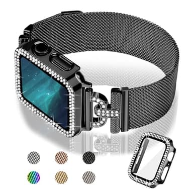 JOYOZY Magnetic Band Compatible with Apple Watch Band 38mm 40mm 41mm 42mm 44mm 45mm 46mm Milanese Strap with Bling Case and Screen Protector, Dressy Stainless Steel iWatch Loop for Women (Black 41mm) - Image 1