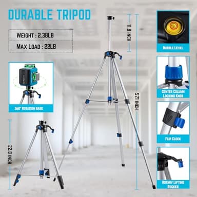 KEZERS Laser Level with Tripod,3 x 360 Self Leveling Laser Leveler tool for Picture Hanging,Construction,Remote Controller,Rechargeable Battery,Carry Pouch Included - Image 2