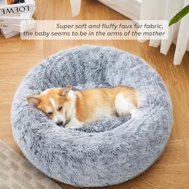 OlaPhum Calming Dog Bed for Medium Size Dogs, Anti-Anxiety Donut Medium Pet Bed Washable, Anti-Slip Round Fluffy Plush Faux Fur Puppy Bed, Fits up to 45 lbs Pets (Dark Grey, 30") - Image 2