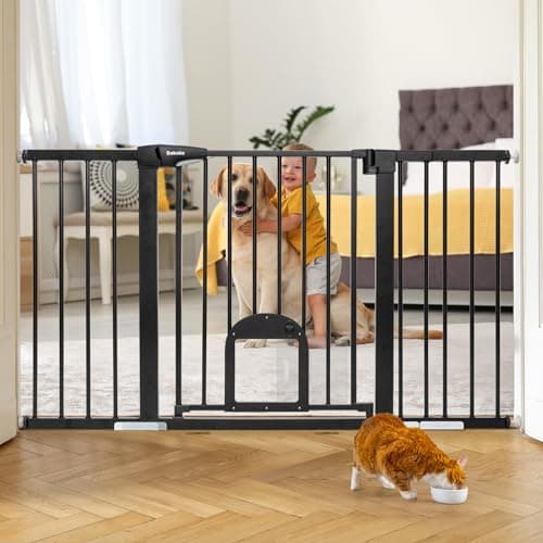 Babelio 31.5-55" Extra Wide Baby Gate with Cat Door, Auto Close Durable Dog Gate Indoor, Pressure Mounted Baby Gates for Stairs, Doorways, Includes 4 Wall Cups and 3 Extension Pieces, Black - Image 1