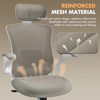 Ergonomic Office Chair with Adjustable Lumbar Support & Headrest, High Back Mesh Desk Chair with Flip-Up Armrests, Breathable & Comfortable Computer Chair for Home, Office & Study –Khaki - Image 5