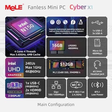 MeLE Mini PC Cyber X1 - N150 Fanless PC, 16GB RAM, 512GB Storage, 2.4/5G Wi-Fi, Full-Functional USB-C Mini Computers, 4K Triple Display Desktop on Home, Office, Education, Astrophotography - Image 3