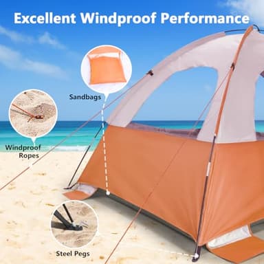 NXONE Beach Tent Sun Shade Shelter for 6 Person with UV Protection, Extended Floor, 3 Mesh Roll Up Windows & 8.5mm Fiberglass Rods丨Carry Bag Included (Orange White) - Image 3