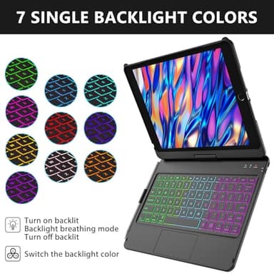 aMZCaSE for iPad 9th/8th/7th Generation case with Keyboard and Pen Holder,Colorful Backlight,360°Rotatable Slim Cover,10.2 inch of iPad Case with Wireless Bluetooth Keyboard,Pencil Holder,Black - Image 4