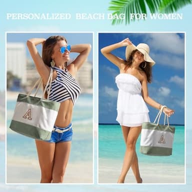 Becokan Initial Beach Bag Waterproof Canvas Beach Tote Bag Zipper Personalized Gifts for Women Her Birthday Travel Essentials (A, Light Green 2 pcs) - Image 5