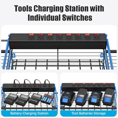 CCCEI Blue Power Tool Organizer Wall Mount, Large Tools and Battery Storage Rack Charging Station Individual Switches. Drills Holder, Garage Utility Shelves with 6FT Power Strip. Gift for Men. - Image 2