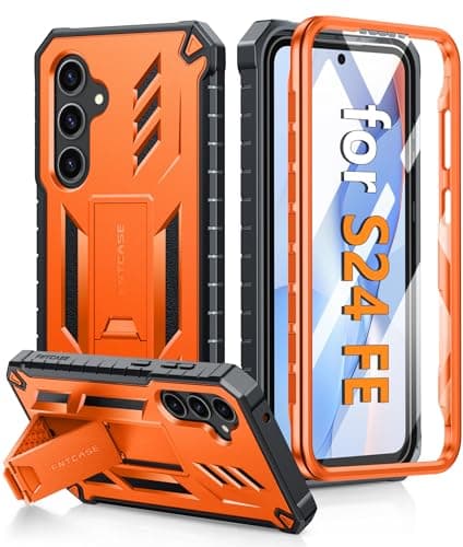 FNTCASE for Samsung Galaxy S24-FE Case: Military Grade Drop Proof Protection Mobile Cover with Kickstand | Matte Textured Rugged Shockproof TPU | Protective Sturdy Phone Case Orange - Image 1