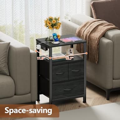 Furnulem Black Nightstand with Wood Shelf, Bed Side Table with Led Light and Charging Station, 25.8 Inch End Table with 3 Fabric Storage Drawers, Small Night Stand for Bedroom Furniture - Image 5