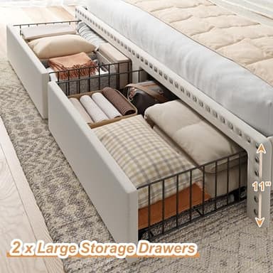 EnHomee King Size Bed Frame with 2-Tier Storage Headboard, Upholstered Platform Bed Frame with 2 Storage Drawers, Sturdy Wooden Slats Support, Noise-Free, No Box Spring Needed, Beige - Image 5