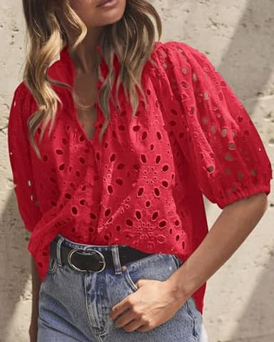 PRETTYGARDEN Women's Summer Tops 2025 Dressy Casual Short Sleeve V Neck Buttons Hollow Out Lace Embroidered Blouses Shirts (Red,XX-Large) - Image 6
