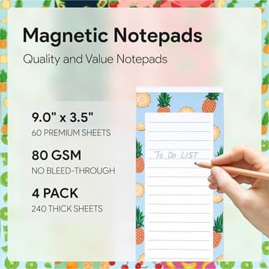 4 Large Magnetic Notepads – Big Notepads for Grocery List, Shopping List, To-Do List, Reminders -Strong Magnetic Back- Memo Pads with Realistic Fruit Designs | 60 Sheets per Pad 9 x 3.5 inch (4 Pack) - Image 2