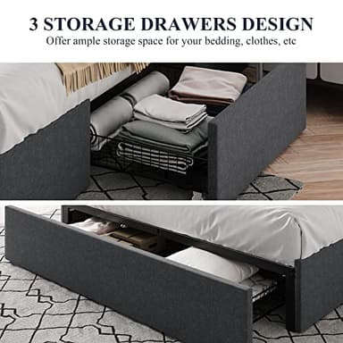 Allewie Full Size Platform Bed Frame with 3 Storage Drawers, Fabric Upholstered, Wooden Slats Support, No Box Spring Needed, Noise Free, Easy Assembly, Dark Grey - Image 6