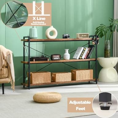 HCHQHS Bookshelf, 3-Tier Long Industrial Bookcase, Rustic Open Book Shelf, Freestanding Horizontal Bookshelves with Metal Frame - Image 6