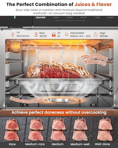 Nuwave Combi Steam Oven, Non-Toxic Stainless Steel Multi-Cooker with Air Fry, Steam, Sous Vide, Toast & More, 50-450°F Precision, 120 Presets, Moisture Control, Programmable, Easy to Clean - Image 6