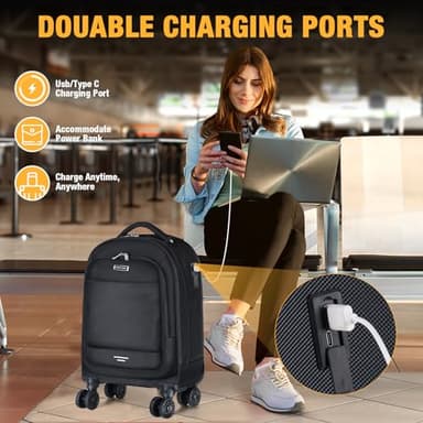 Ponhog Rolling Backpack, 15.6 inch Laptop Backpack with 4 Spinner Wheels, Carry on Travel Backpack Water Resistant Wheeled Backpacks for Women Men Suitable for Overnight College Work, Black - Image 6