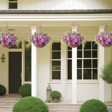 Ammyoo Artificial Flowers in Hanging Basket Planter for Home Spring Summer Decoration, Silk Rose Peony Outdoor Indoor Arrangements, 12" Metal Coconut Lining Basket with Faux Plant(Purple) - Image 5