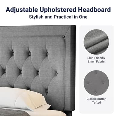 Allewie Queen Size Upholstered Platform Bed Frame with Adjustable Headboard, Button Tufted, Wood Slat Support, Easy Assembly, Light Grey - Image 4