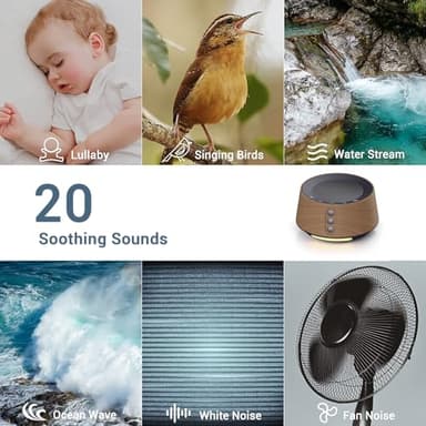 BGOVERSS White Noise Sound Machine with 20 Soothing Sounds, 10 Colors Night Light Sleep Machines Home Office Travel, 5 Timers and Memory Feature Sound Machine for Nursery Baby Kids Adults (Wood) - Image 3