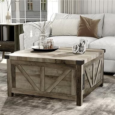 jimeimen Farmhouse Lift Top Coffee Table with Storage, Wood Square Center Table with Charging Station&USB Port, Living Room Table w/Large Hidden Space, for Living Room, Bedroom, Home Office, Grey - Image 7